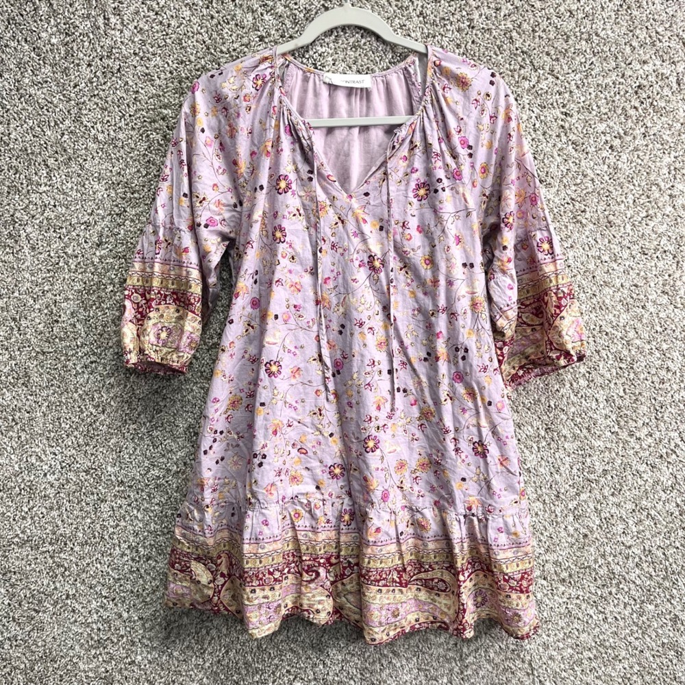 Self Contrast Dress Womens M Sheri Purple Floral V-Neck 3/4 Sleeve Babydoll Mini